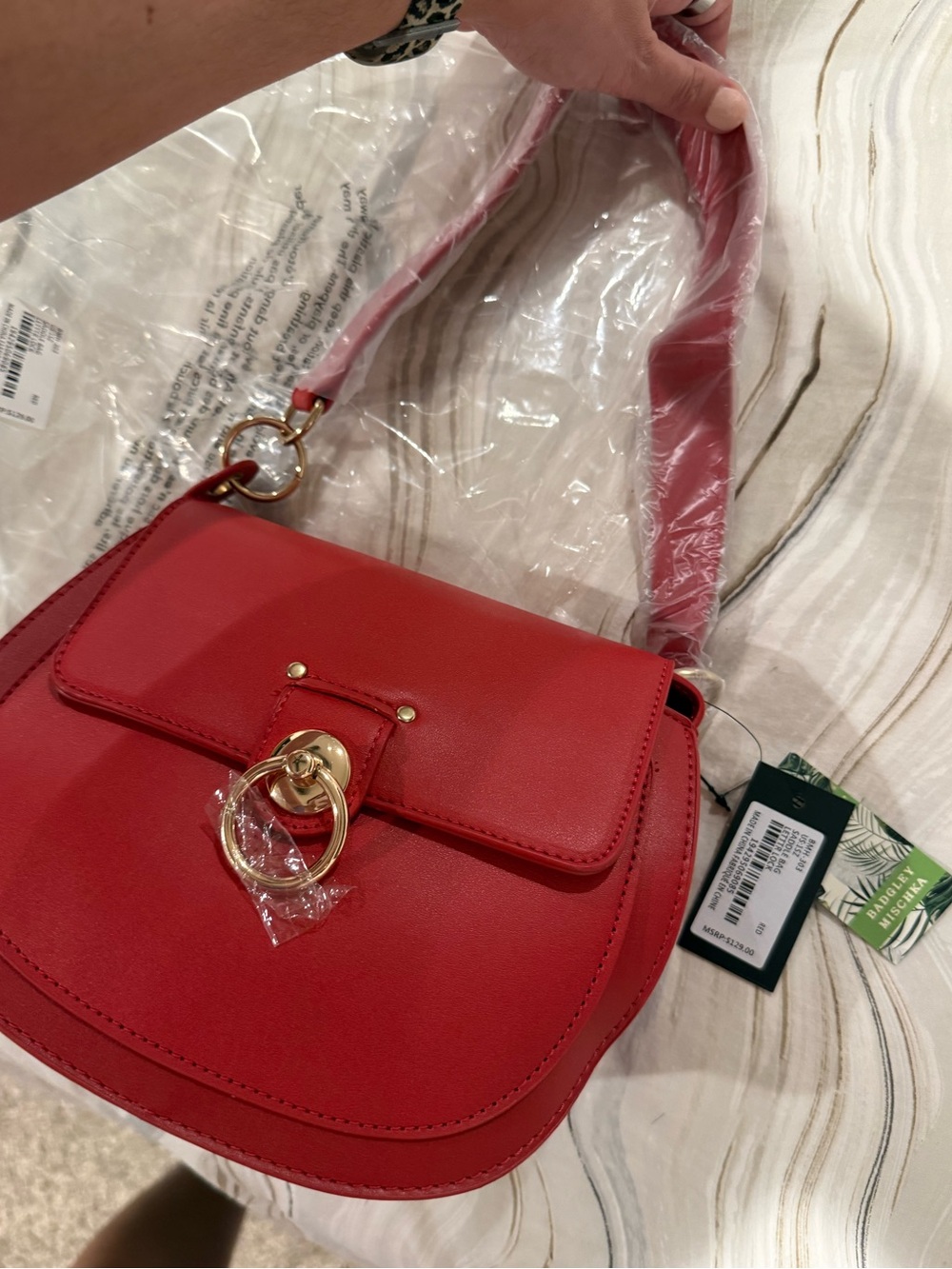 Badgley Mischka Red Saddle Bag with Letter Lock Accent